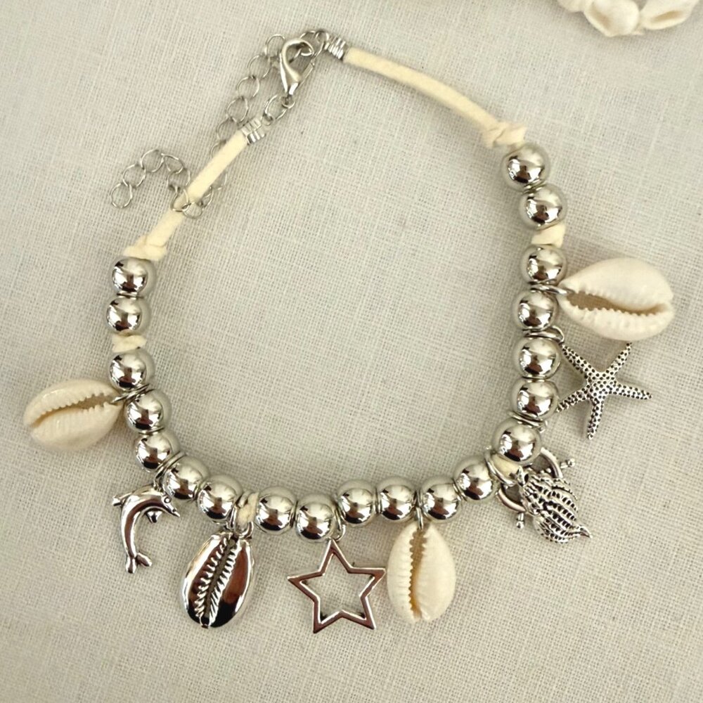 Set Of 4 Beach Charm Bracelet Set Shell Starfish Pearl Stretch Adjustable - Picture 4 of 9